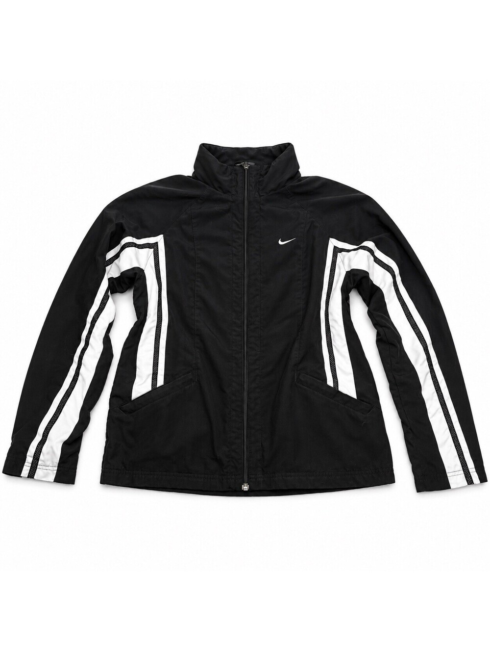 Vtg Nike Womens M 8-10 Track Jacket Black White Full Zip Y2K Swoosh